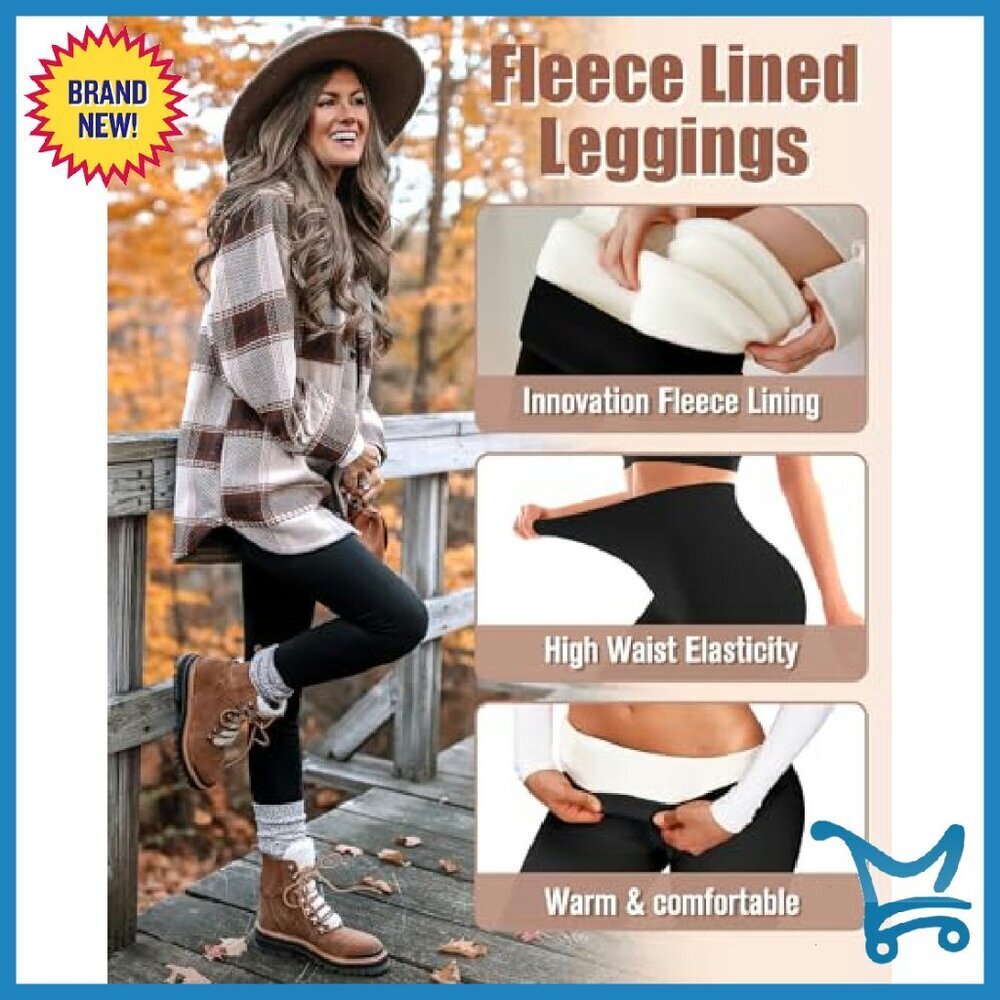 Fleece Lined Leggings High Waist Tummy Control Thermal Pockets Yoga Hiking - Picture 5 of 8